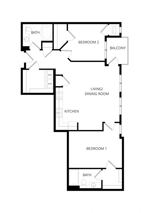 Floor plan for 2 beds, 2 baths, 1255 sqft